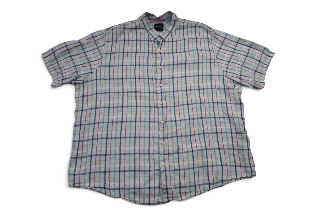 Tommy Bahama Linen Shirt Mens 4XLT Blue Plaid Short Sleeve Button Up Casual